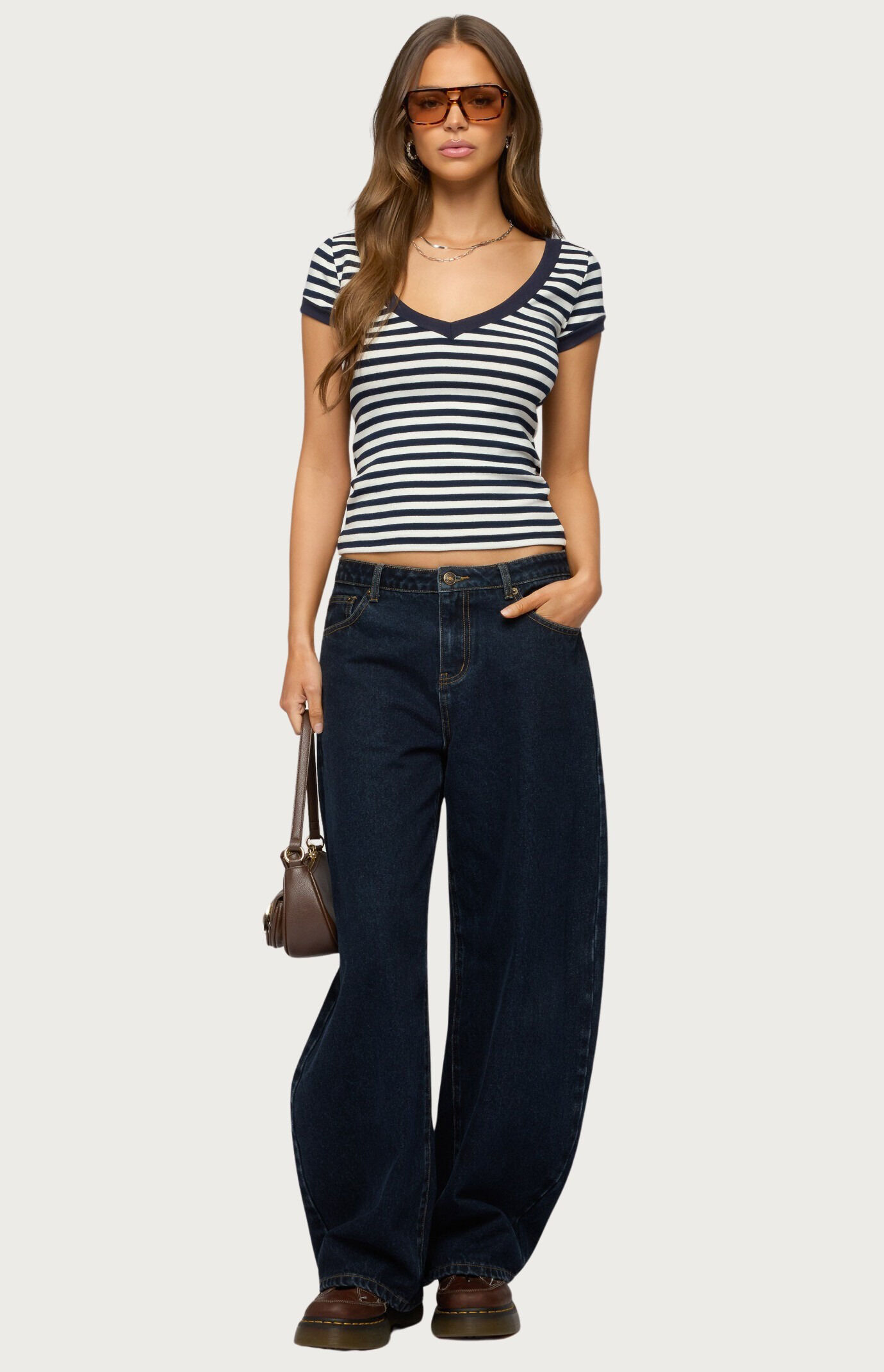 Edikted Antonela Striped V Neck T-Shirt