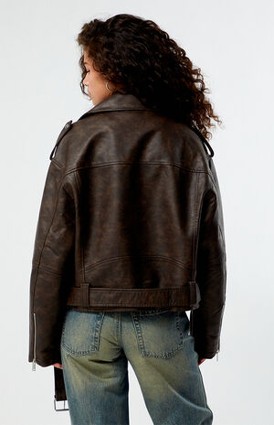 Brown Faux Leather Moto Jacket image number 3