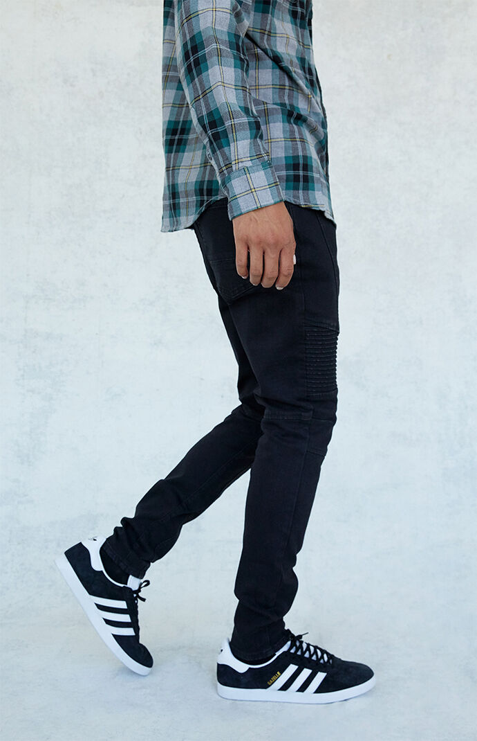 black stacked pants