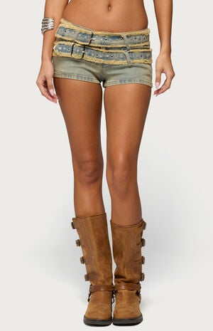 Alyza Distressed Belt Washed Denim Micro Shorts image number 1