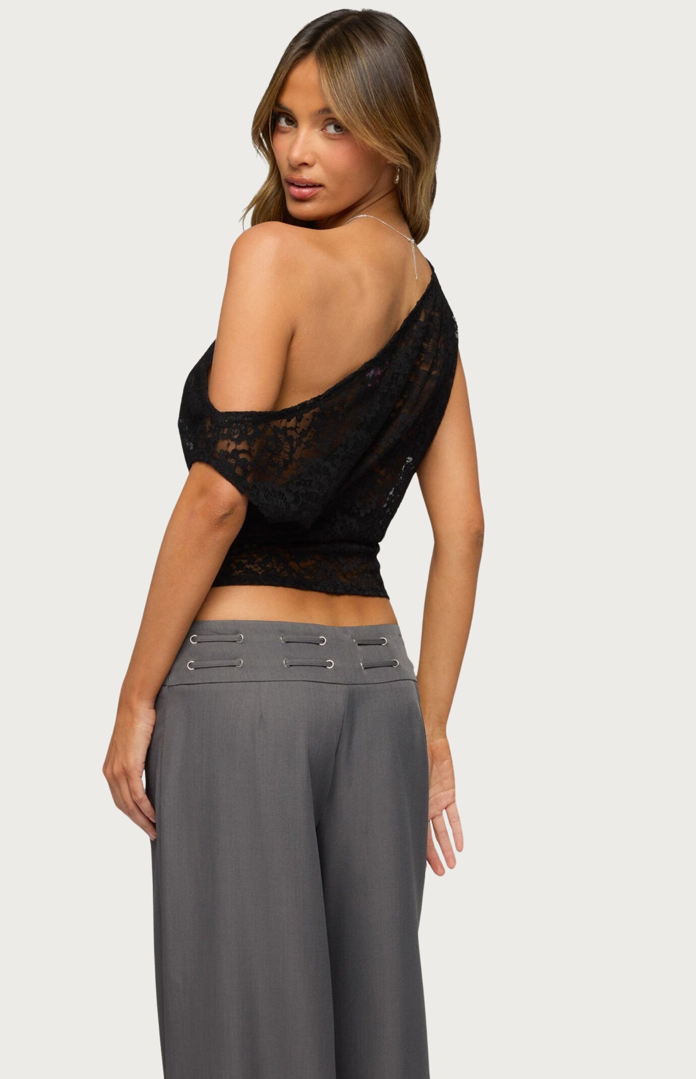 Edikted Kessa Sheer Lace Off Shoulder Top