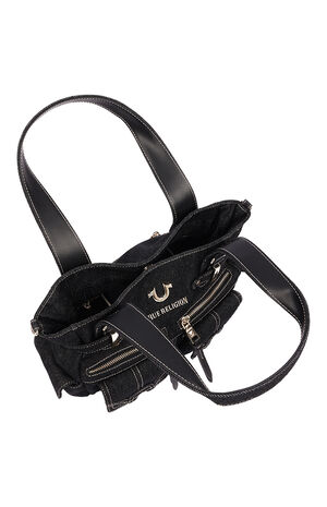 Multi Pocket Black Denim Cinch Tote Bag image number 5