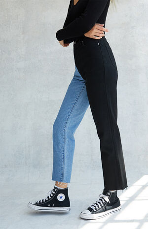 Eco Black Two-Tone High Waisted Straight Leg Jeans image number 3