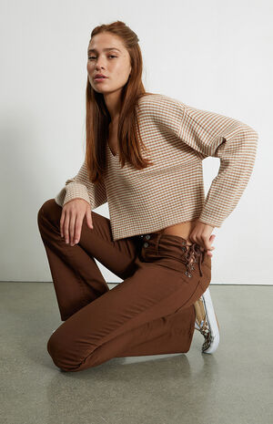 Brown Lace-Up Low Rise Bootcut Jeans image number 1