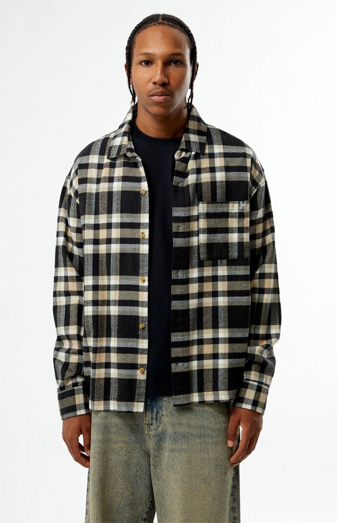 Pacsun Tan & Black Plaid Long Sleeve Flannel Shirt