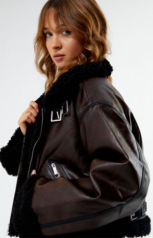 Cropped Faux Leather Sherpa Moto Jacket image number 2