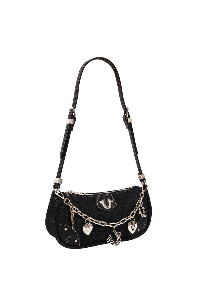True Religion Black Horseshoe Chain Denim Shoulder Bag