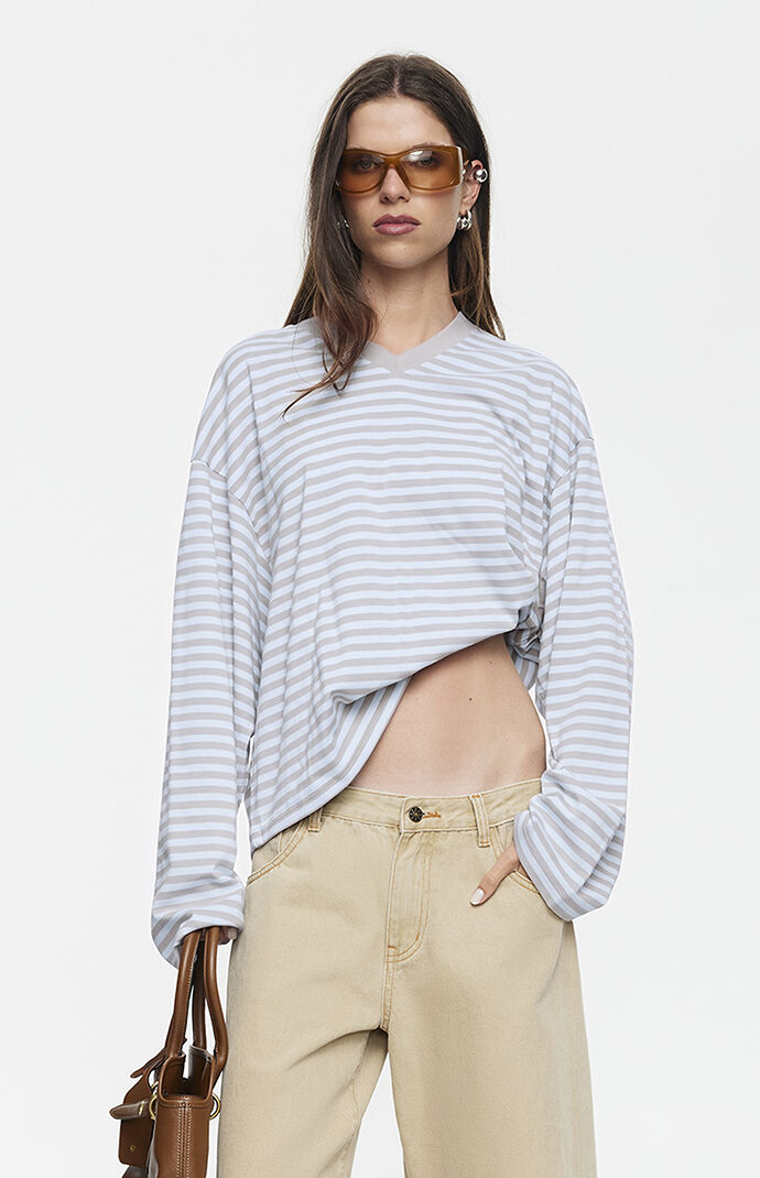 LIONESS Sky Striped Bloom V-Neck Long Sleeve T-Shirt
