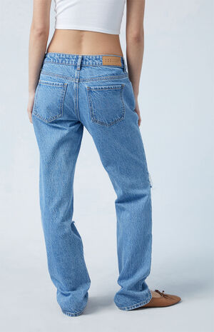 Eco Medium Indigo Ripped Low Rise Straight Leg Jeans image number 4