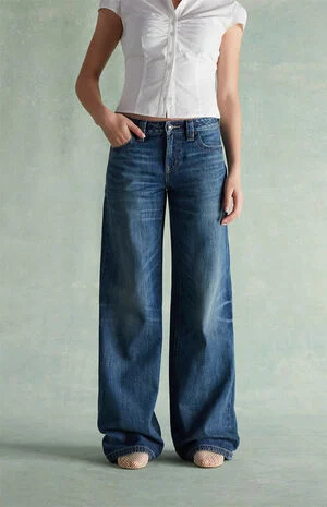 Light Blue Rhinestone Button Pocket Low Rise Baggy Jeans image number 1