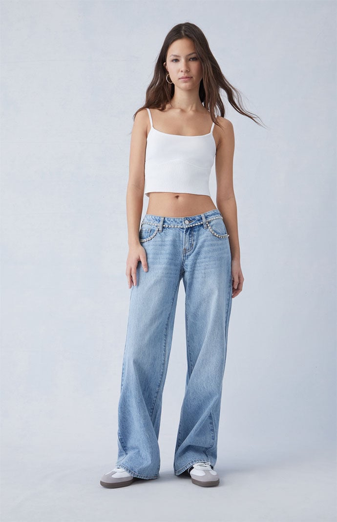 Pacsun Women s Light Indigo Rhinestone Low Rise Wide Leg Jeans in Medium Indigo Size 24