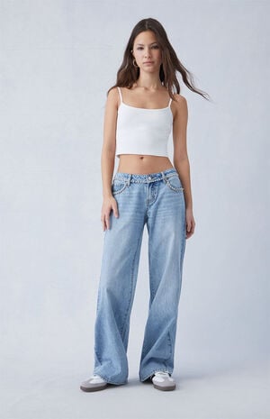 Light Indigo Rhinestone Low Rise Wide Leg Jeans image number 1