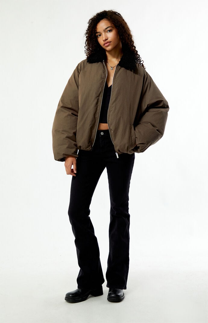 WEWOREWHAT Faux Fur Collar Balloon Bomber Jacket