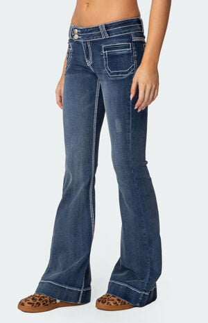 Contrast Stitch Low Rise Flared Jeans image number 4