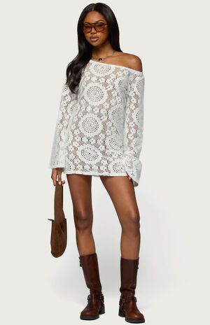 Off Shoulder Sheer Lace Mini Dress image number 4