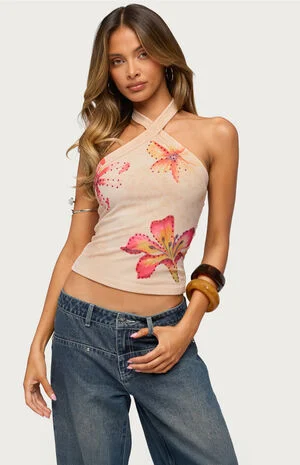 Nadina Floral Rhinestone Halter Top image number 1