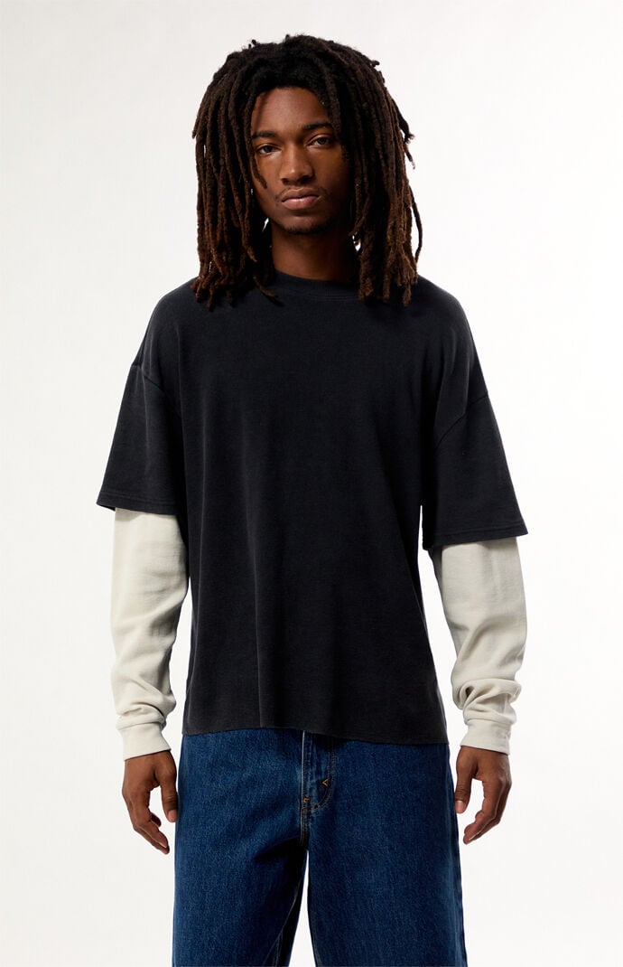 Pacsun Black Waffle Knit 2Fer Layered Long Sleeve T-Shirt