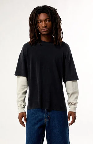 Black Waffle Knit 2Fer Layered Long Sleeve T-Shirt image number 1