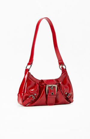 Red Faux Leather Front Buckle Shoulder Bag image number 2