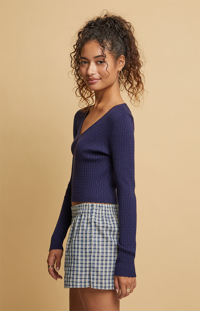 Beverly and Beck Women s Plaid Boxer Shorts in Blue Size Large