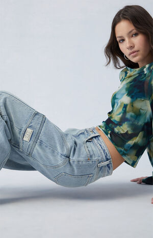 Eco Light Indigo Curved Low Rise Wide Leg Cargo Jeans image number 3