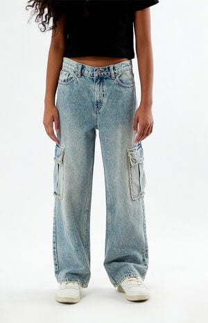 Acid Wash Frayed Baggy Cargo Jeans