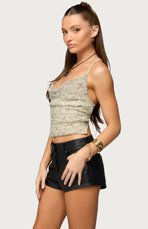 Sequin Crisscross Backless Cowl Neck Top image number 2