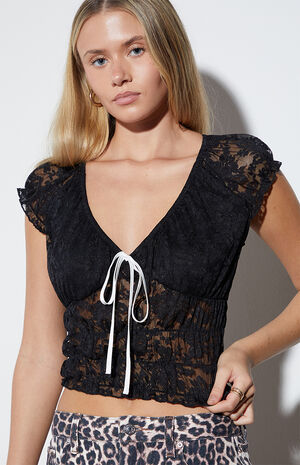 Short Sleeve Tie Front Lace Top image number 1