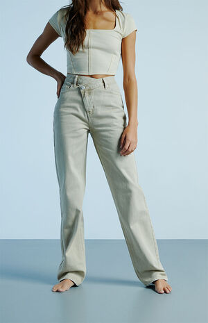 PacSun Beige Asymmetrical Waistband Boyfriend Jeans | PacSun