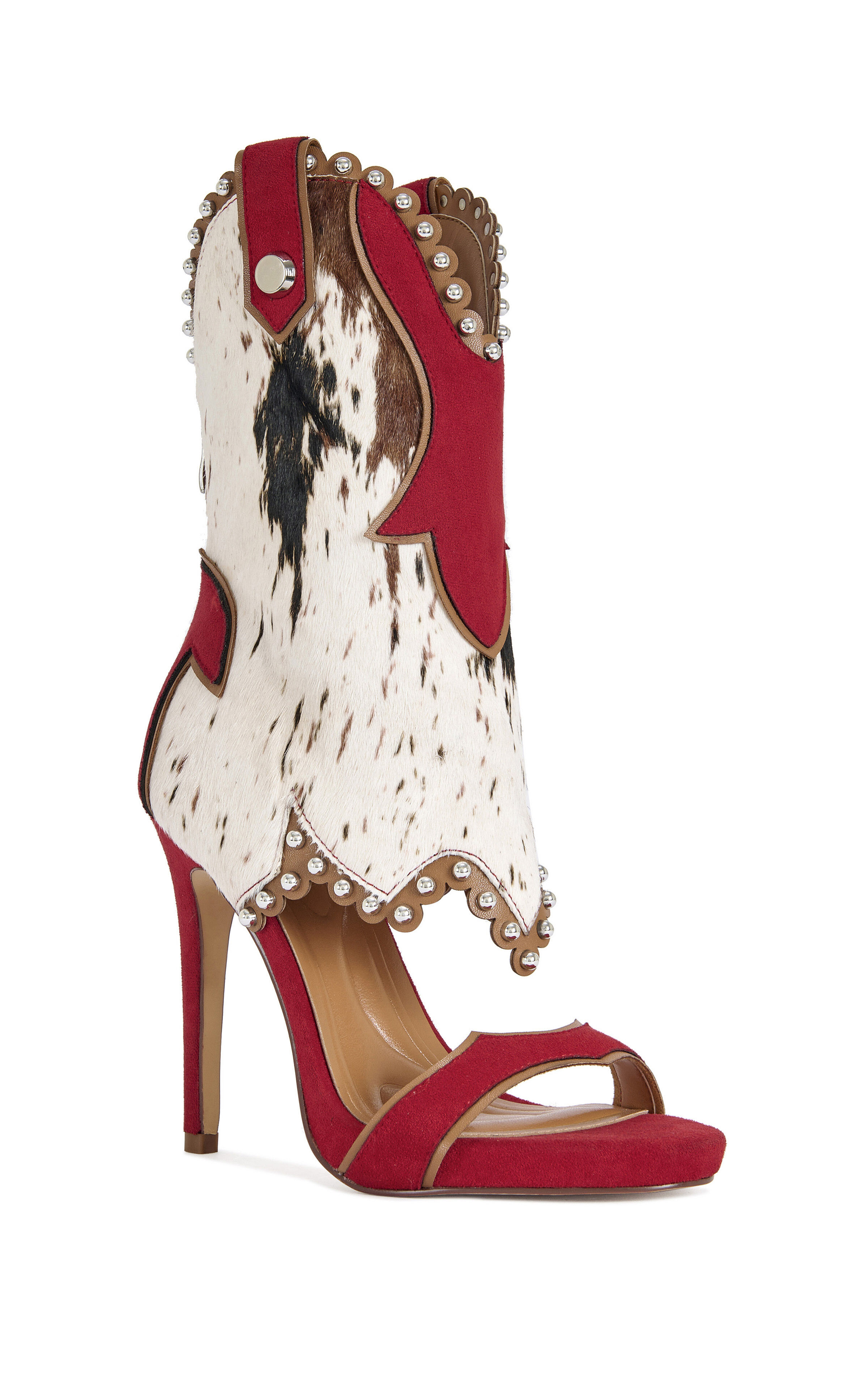 AZALEA WANG Women's Tahlie Red Calfhair Stiletto Sandal Booties