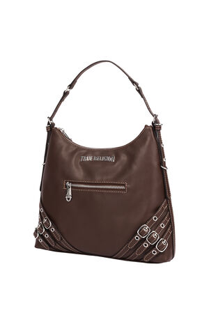 Chocolate Triple Straps Large Faux Leather Hobo Bag image number 3