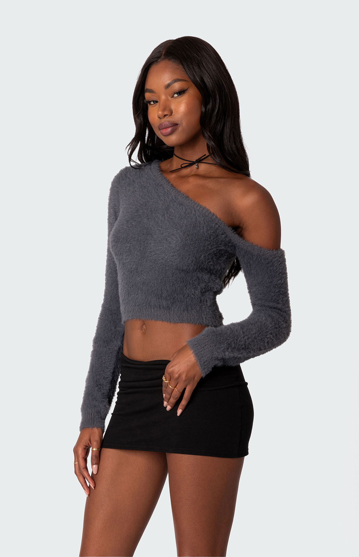 Edikted Frannie One Shoulder Fuzzy Knit Top