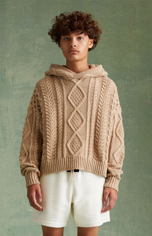 Essentials Gold Heather Cable Knit Hoodie image number 2