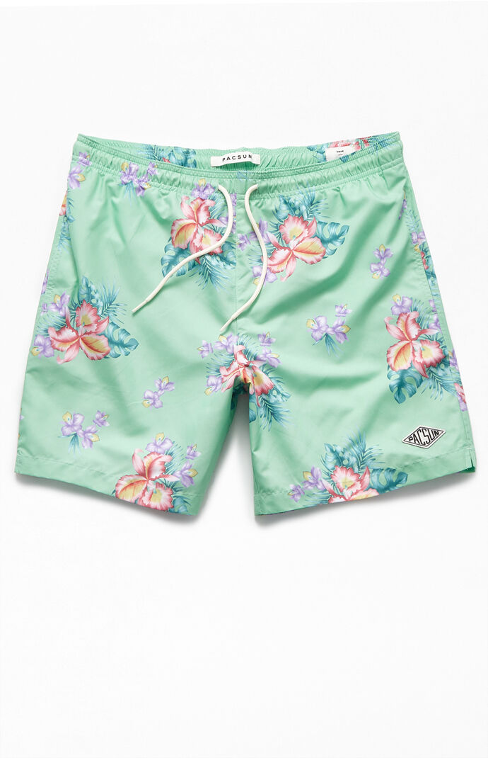 Mint Floral 16.5" Swim Trunks