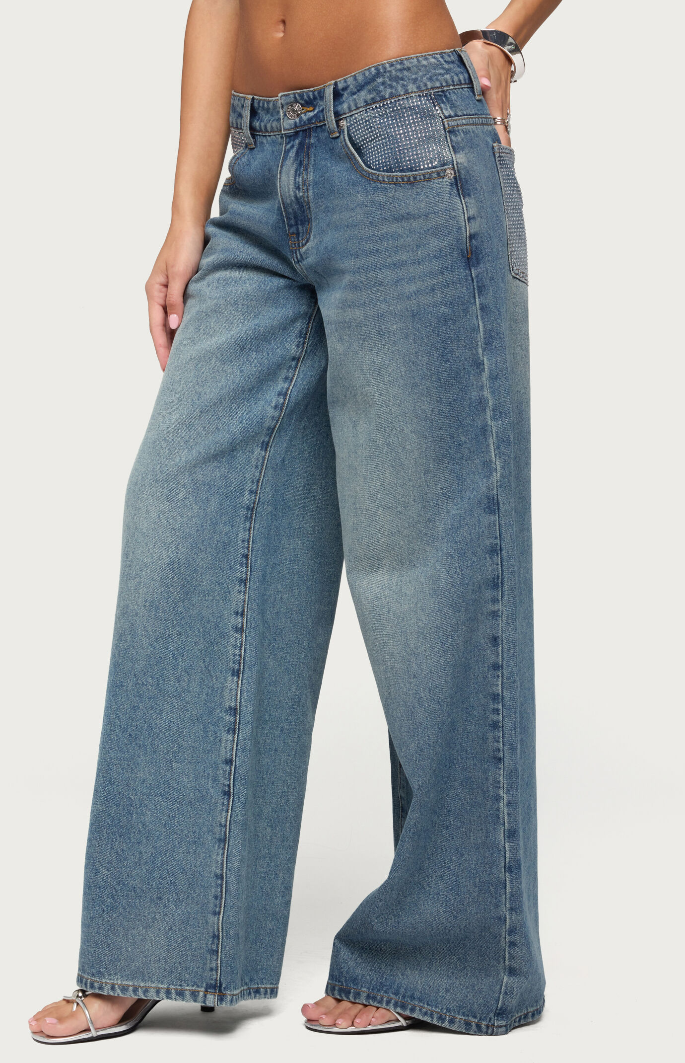 Edikted Rhinestone Low Rise Wide Leg Jeans
