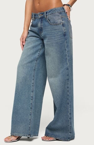 Rhinestone Low Rise Wide Leg Jeans image number 2