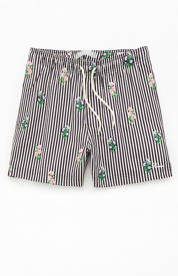 Pacsun Black Striped Bouquet 4.5" Swim Trunks
