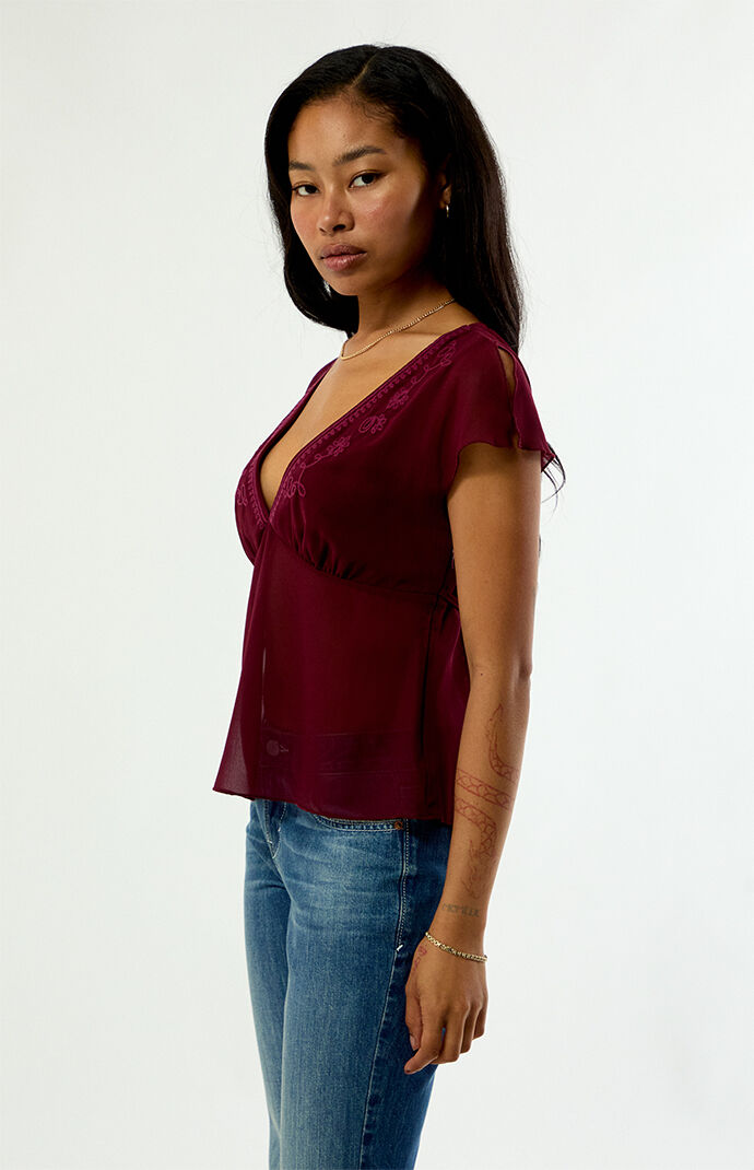 Beverly and Beck Mica Embroidered Chiffon Short Sleeve Top