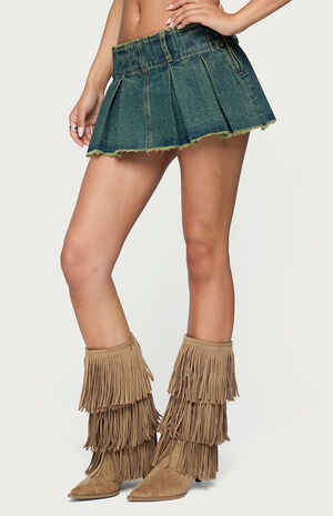 Frayed Pleated Denim Mini Skort Frayed Pleated Denim Mini Skort image number 2