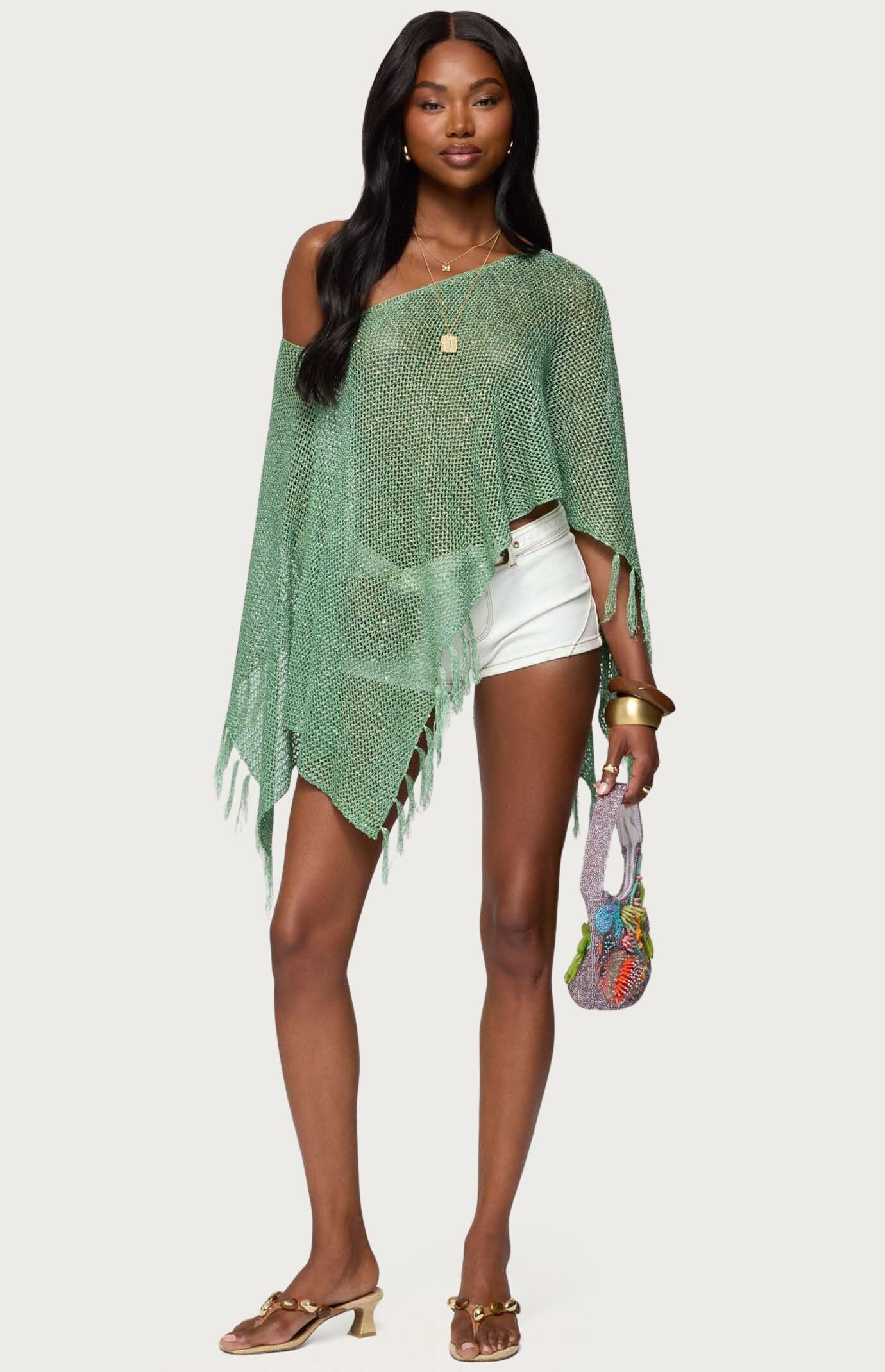 カーディガン rienda  .r  Fringe Kint Poncho  CD rienda .r Fringe Kint Poncho CD