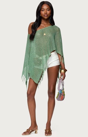 Sequin Fringe Knit Poncho image number 5