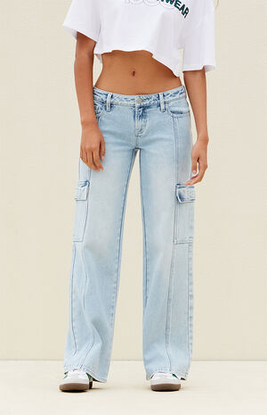 Light Indigo Low Rise Girlfriend Cargo Jeans image number 2