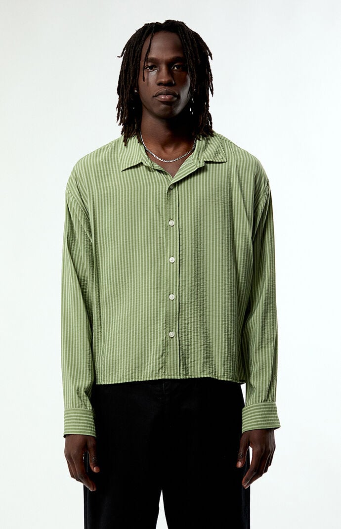 Pacsun Green Striped Boxy Long Sleeve Shirt