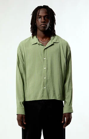 green pinstripe dress shirt Pacsun Green Striped Boxy Long Sleeve Shirt
