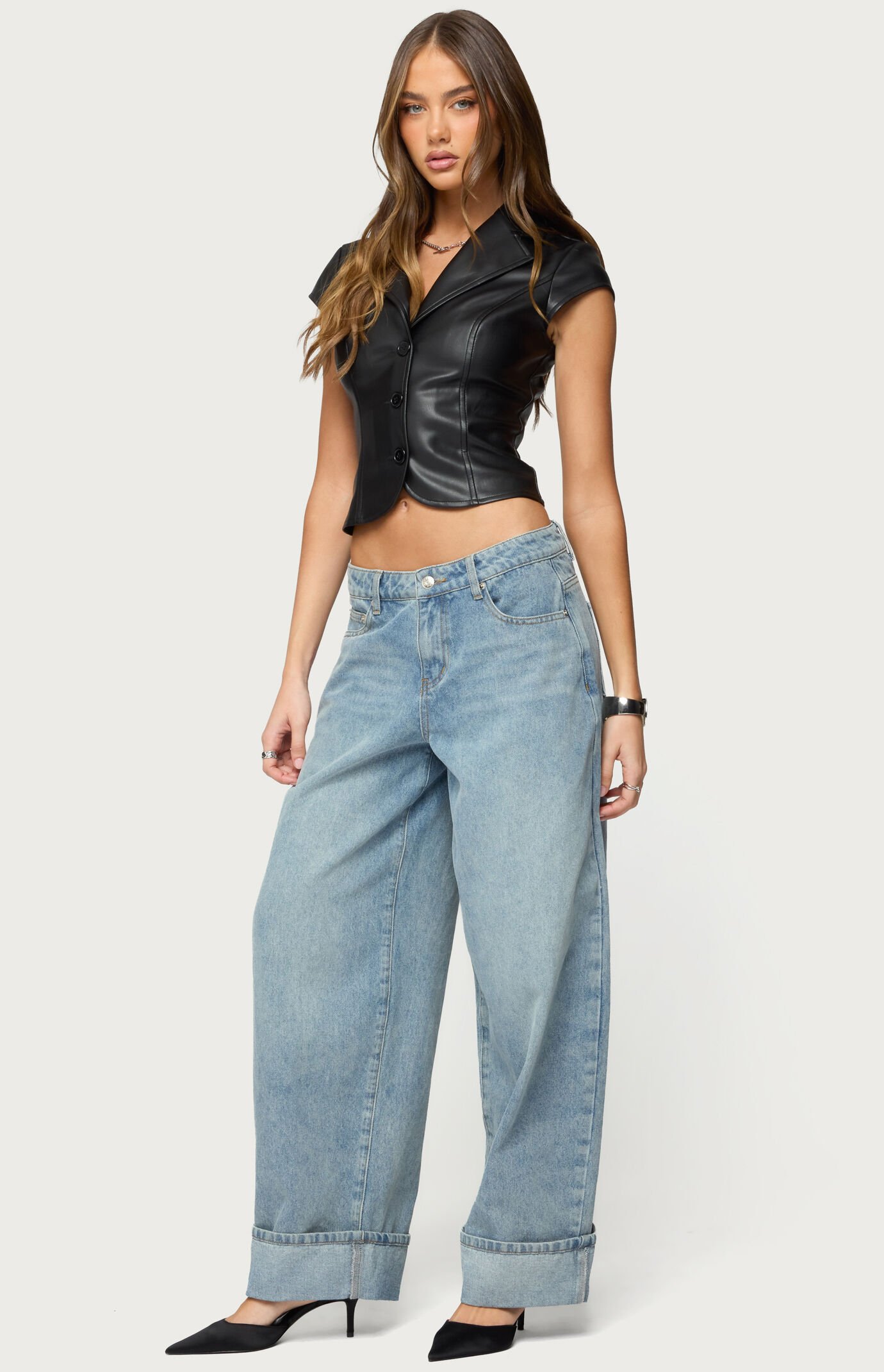 Edikted Faux Leather Tailored Button Up Top