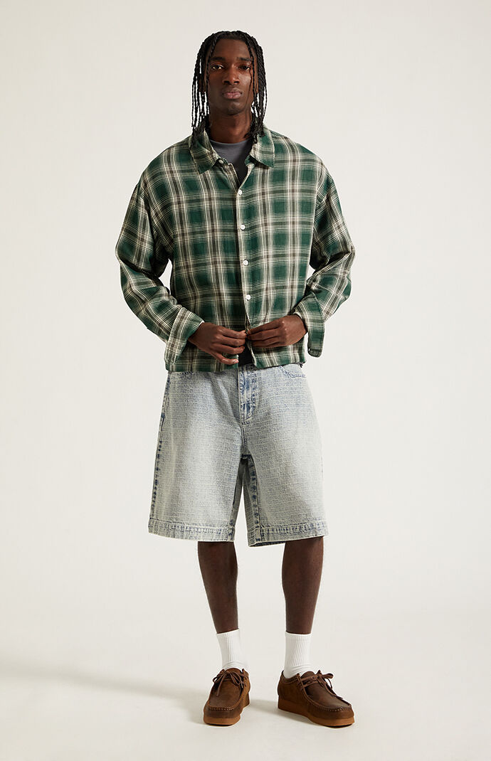 Pacsun Parker Baggy Jean Shorts Jacquard Checkered Light Blue | Pacsun