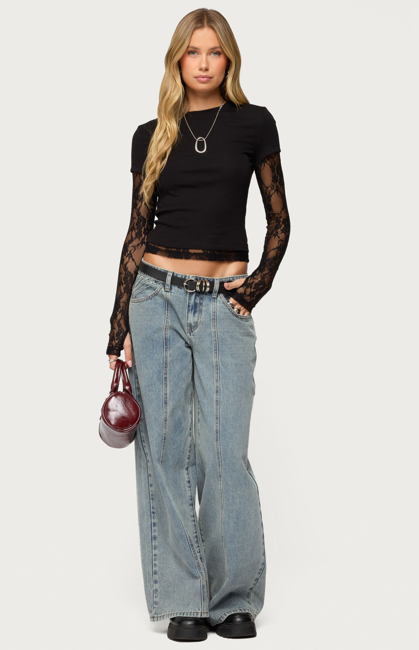 Edikted Layered Lace Sleeve T-Shirt