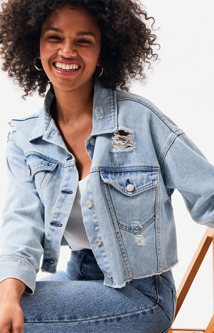 Light Blue Frayed Hem Cropped Trucker 
