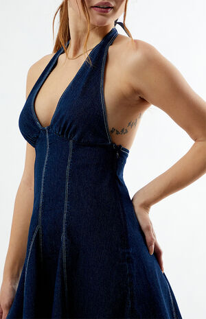 Denim V-Neck Halter Mini Dress image number 3