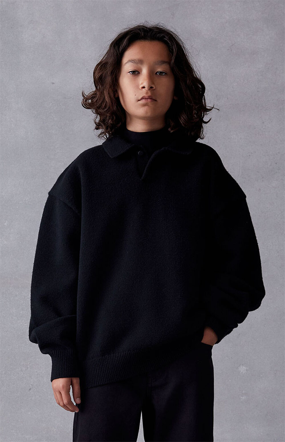Kids Fear of God Essentials Jet Black Knit Polo Sweater PacSun